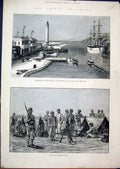 Original Old Antique Print 1882 Crisis Egypt Lighthouse Breakwater Infantry Suez
