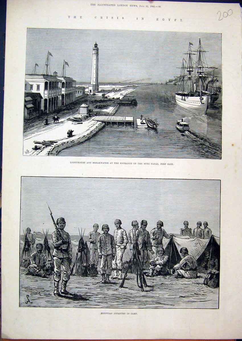 Original Old Antique Print 1882 Crisis Egypt Lighthouse Breakwater Infantry Suez