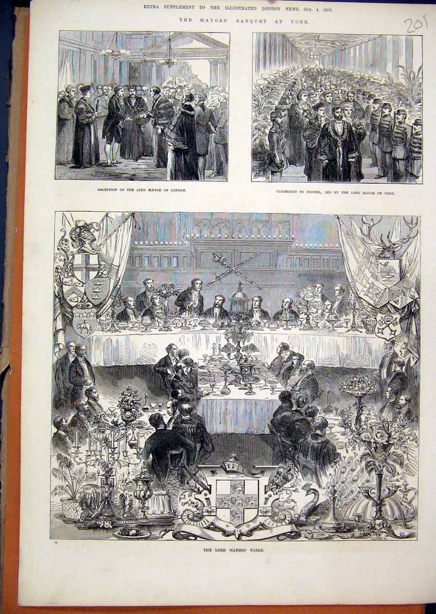 Original Old Antique Print 1873 Mayors Banquet York Table Procession Dinner 19th