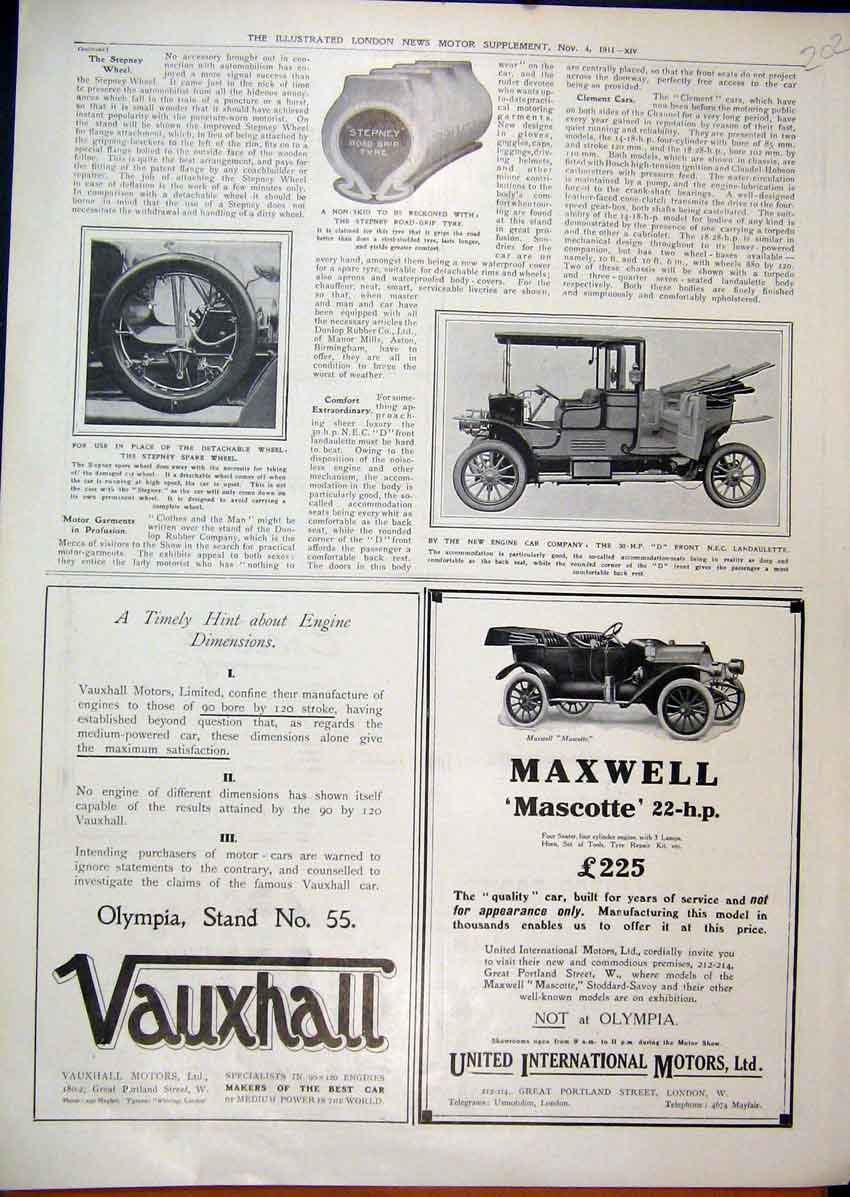 Original Old Antique Print 1911 Advert Maxwell Mascotte Motor Car Vauxhall Wheel