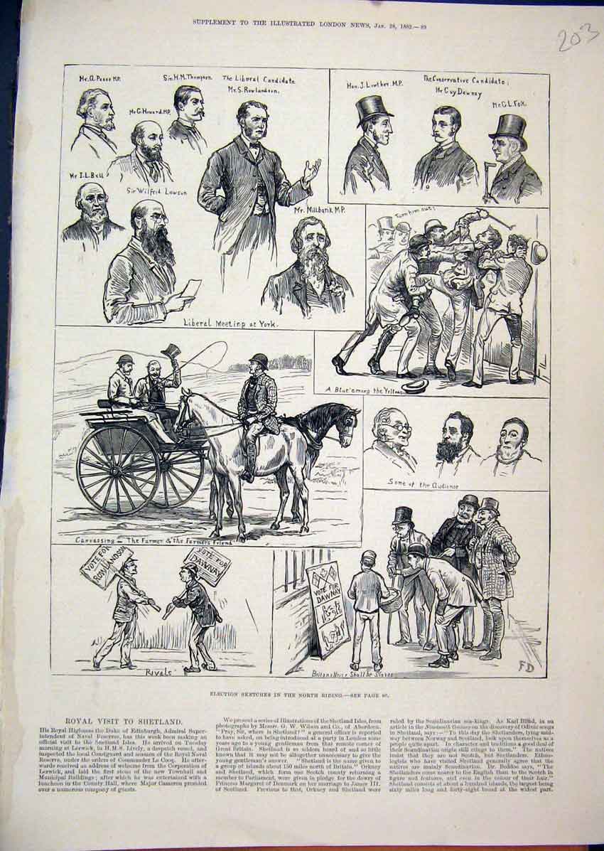 Old Antique Print 1882 Election Sketches North Riding Canvassing Liberal 19th