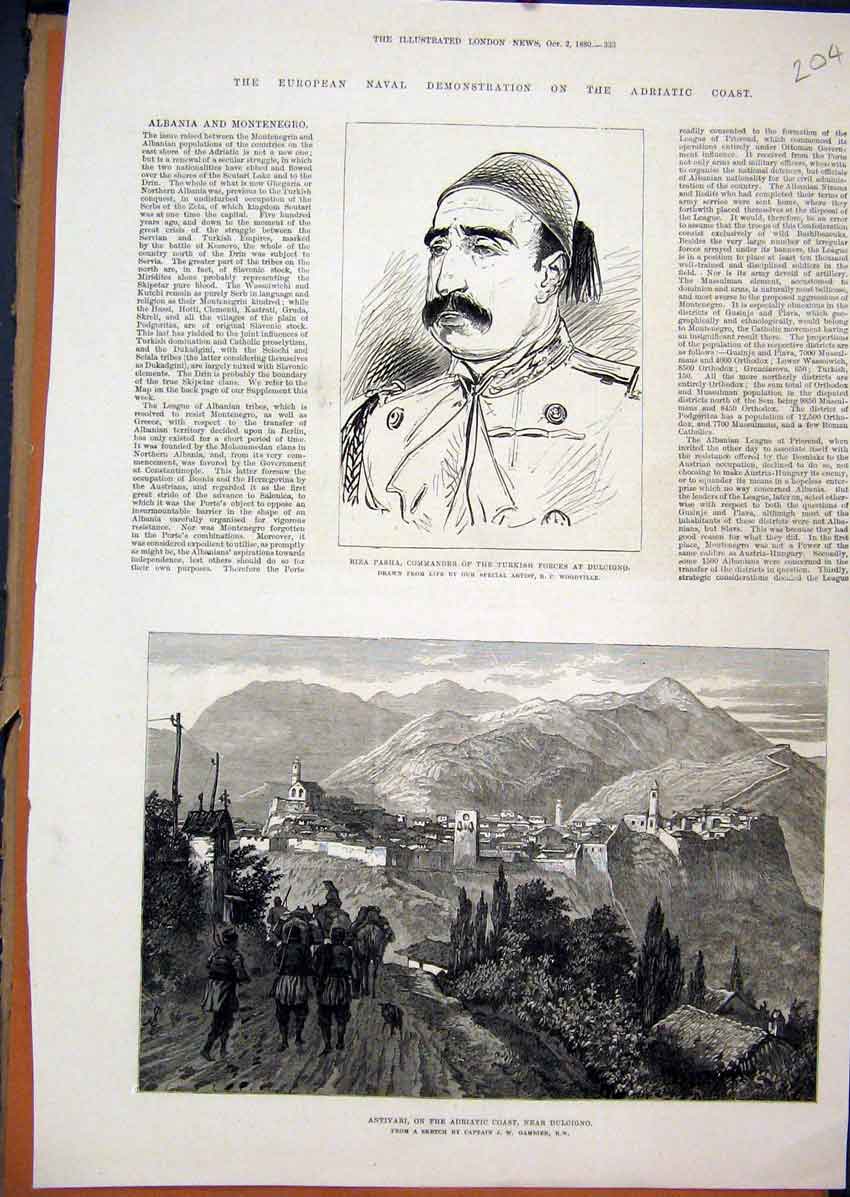 Old Antique Print 1880 Antivari Adriatic Coast Dulcigno Riza Pasha Turkey 19th