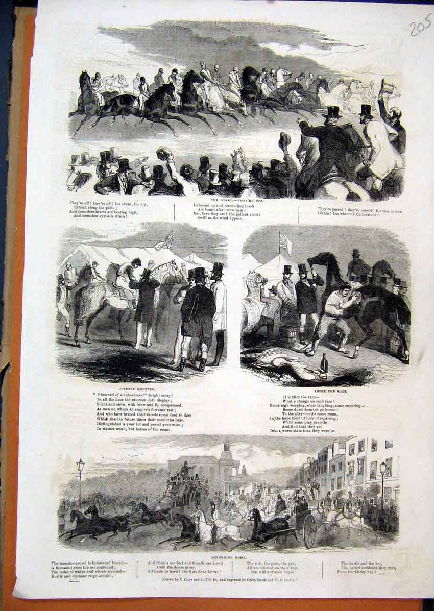 Original Old Antique Print C1850 Horse Racing Start Jockey Mounted Cheering 19th