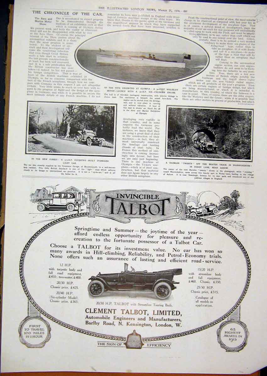 Original Old Antique Print 1914 Advert Talbot Motor Car Wolseley Daimler Forest