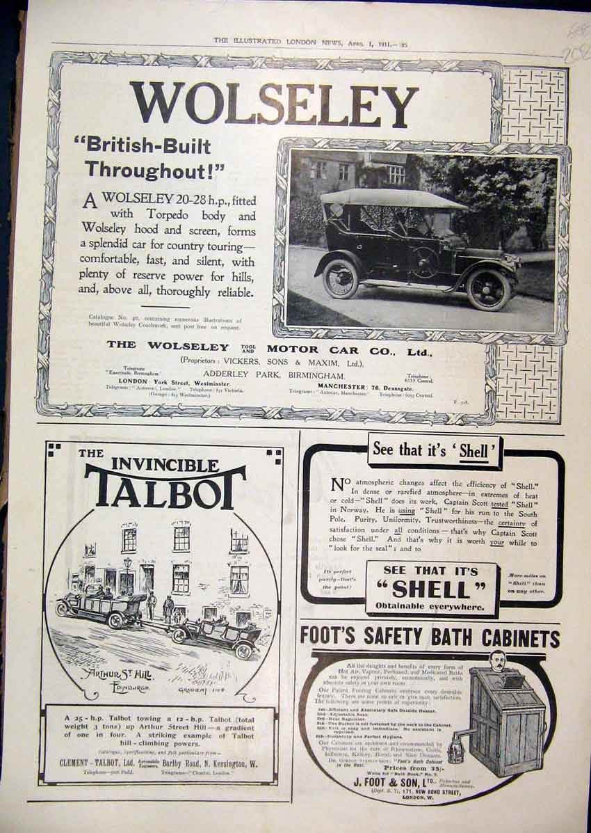 Old Antique Print 1911 Advert Wolseley Motor Car Talbot Shell Safety Bath 20th