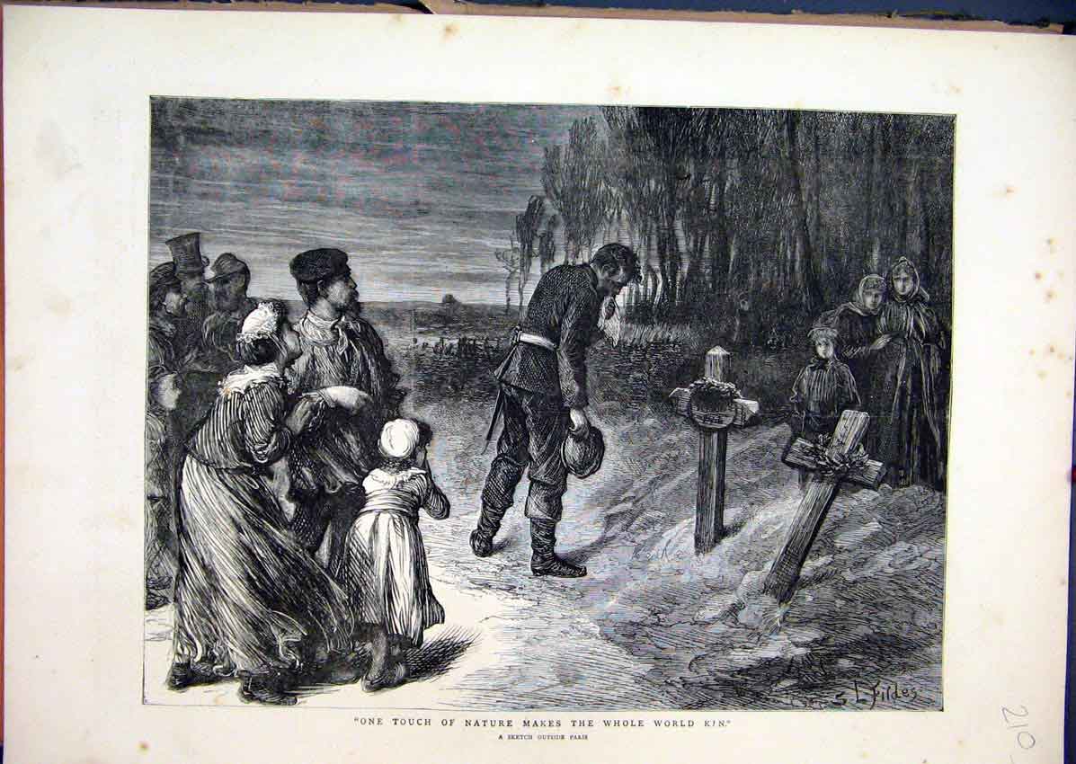 Original Old Antique Print 1871 Sketch Paris Families Grave Trees Country Scene