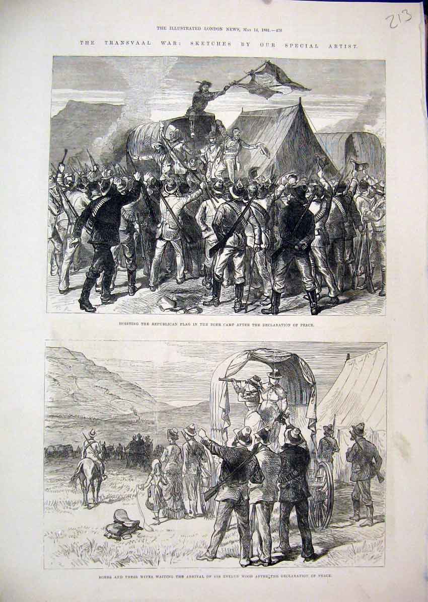 Original Old Antique Print 1881 Transvaal War Boers Camp Evelyn Wood Celebrate