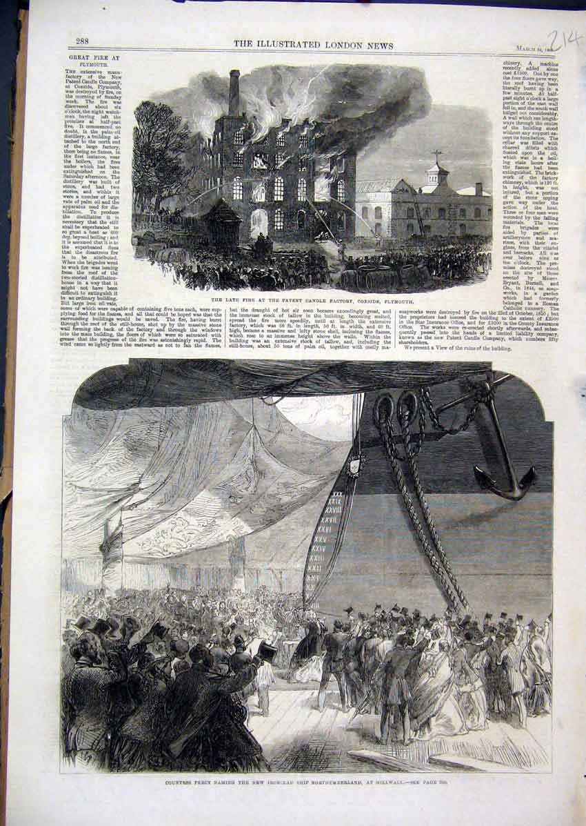 Original Old Antique Print 1866 Fire Candle Factory Plymouth Countess Percy Ship