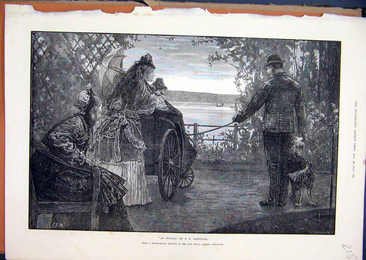 Original Old Antique Print Invalid Wheelchair Walk Riverside Woman Parasol 1873