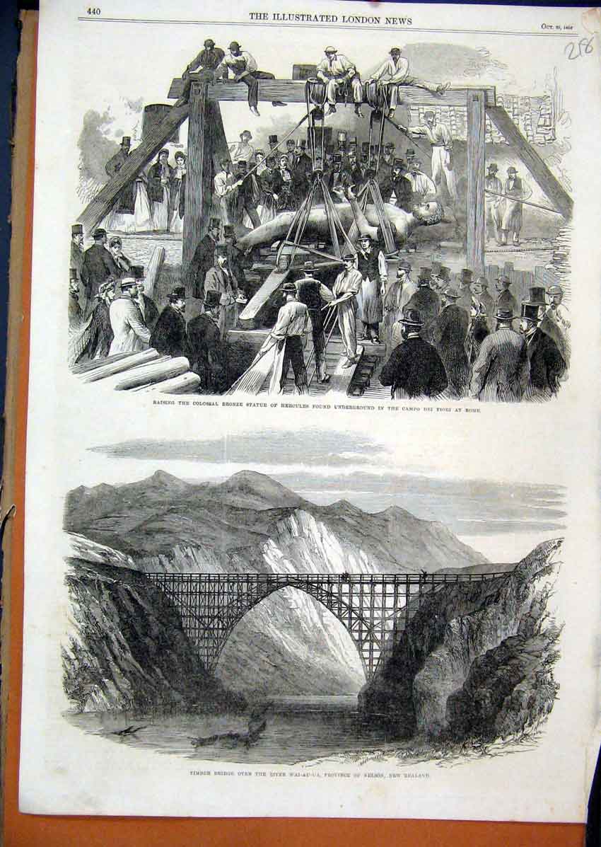 Old Antique Print 1864Timber Bridge River Wai-Au-Ua Statue Herculese Rome 19th