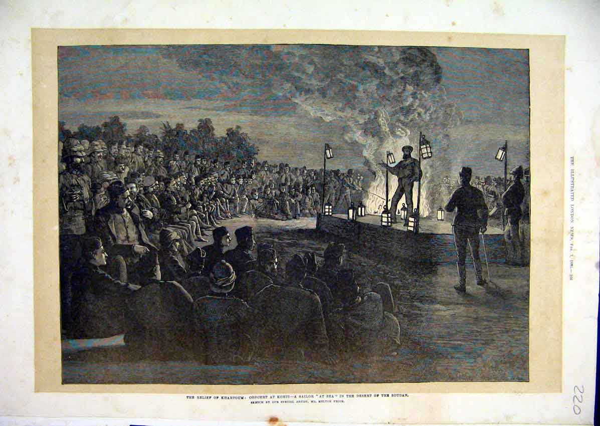 Old Antique Print 1885 Relief Khartoum Concert Music Sailor Desert Soudan 19th