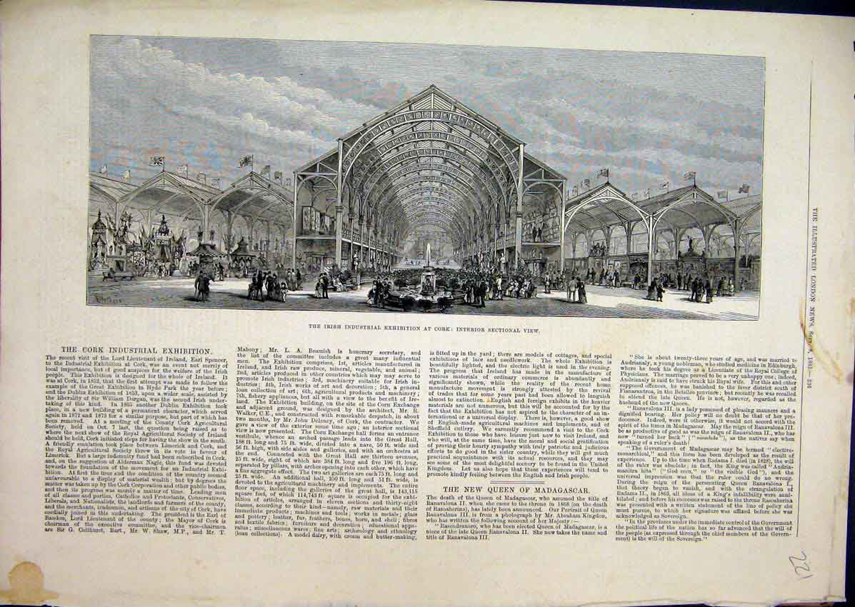 Original Old Antique Print Irish Industrial Exhibition Cork 1883 Interior View