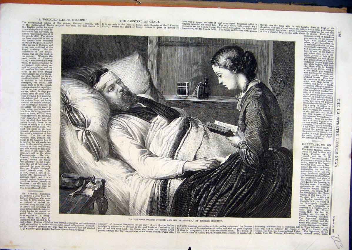 Original Old Antique Print Wounded Danish Sier Betrothed Reading Bed 1870 19th
