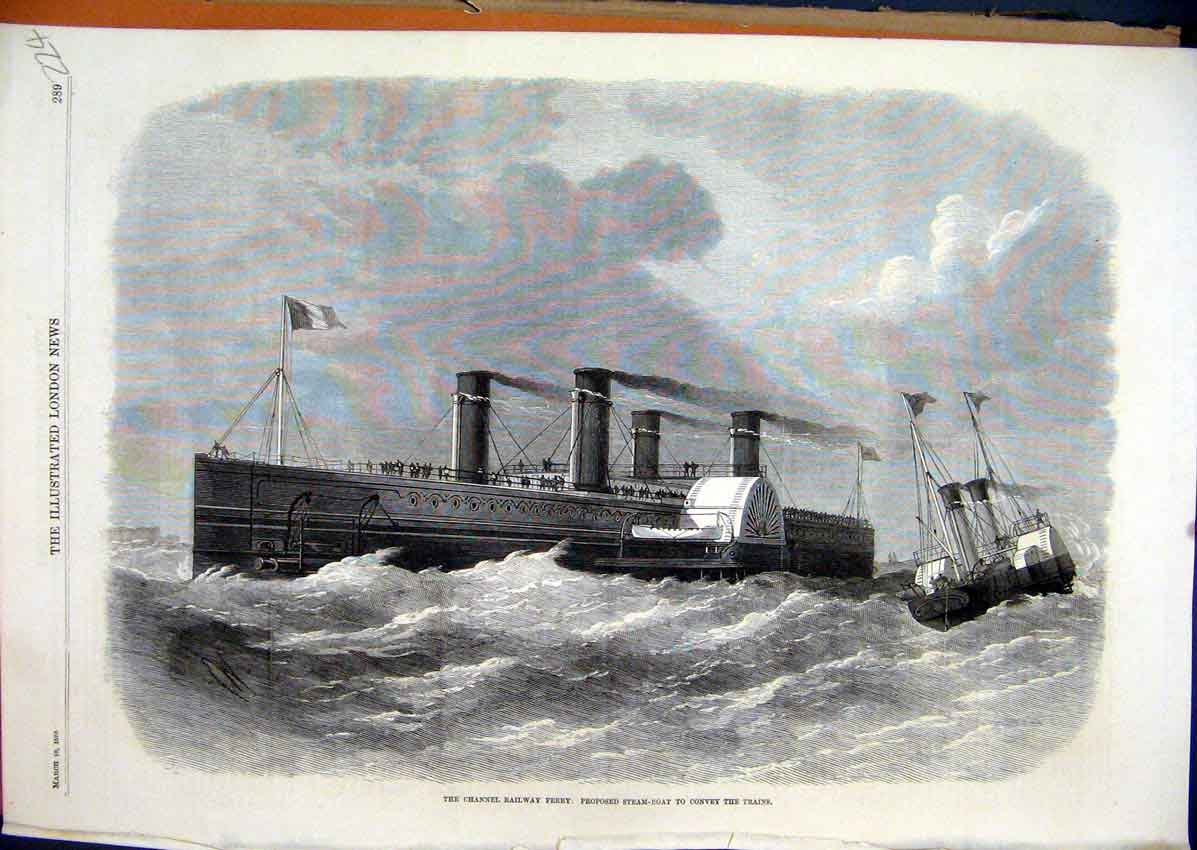 Original Old Antique Print 1870 Channel Railway Ferry Steam-Boat Convey Trains