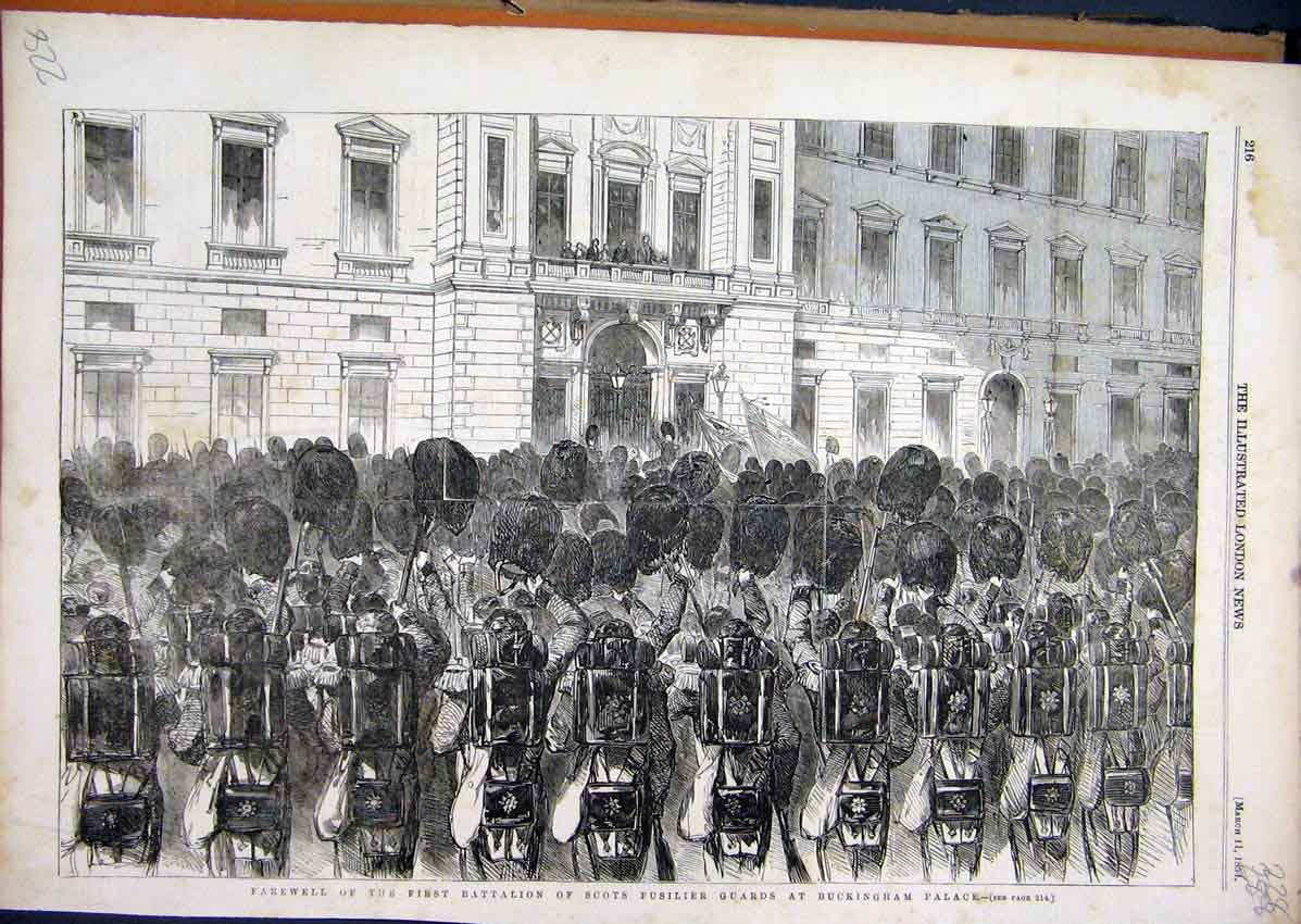 Old Antique Print 1854 Battalion Scots Fusilier Guards Buckingham Palace 19th
