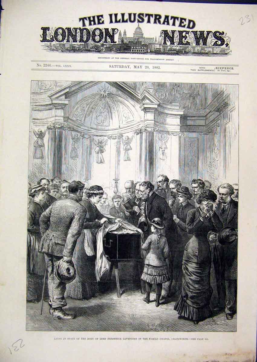 Old Antique Print Lying State Lord Frederick Cavendish 1882 Chapel Family 19th