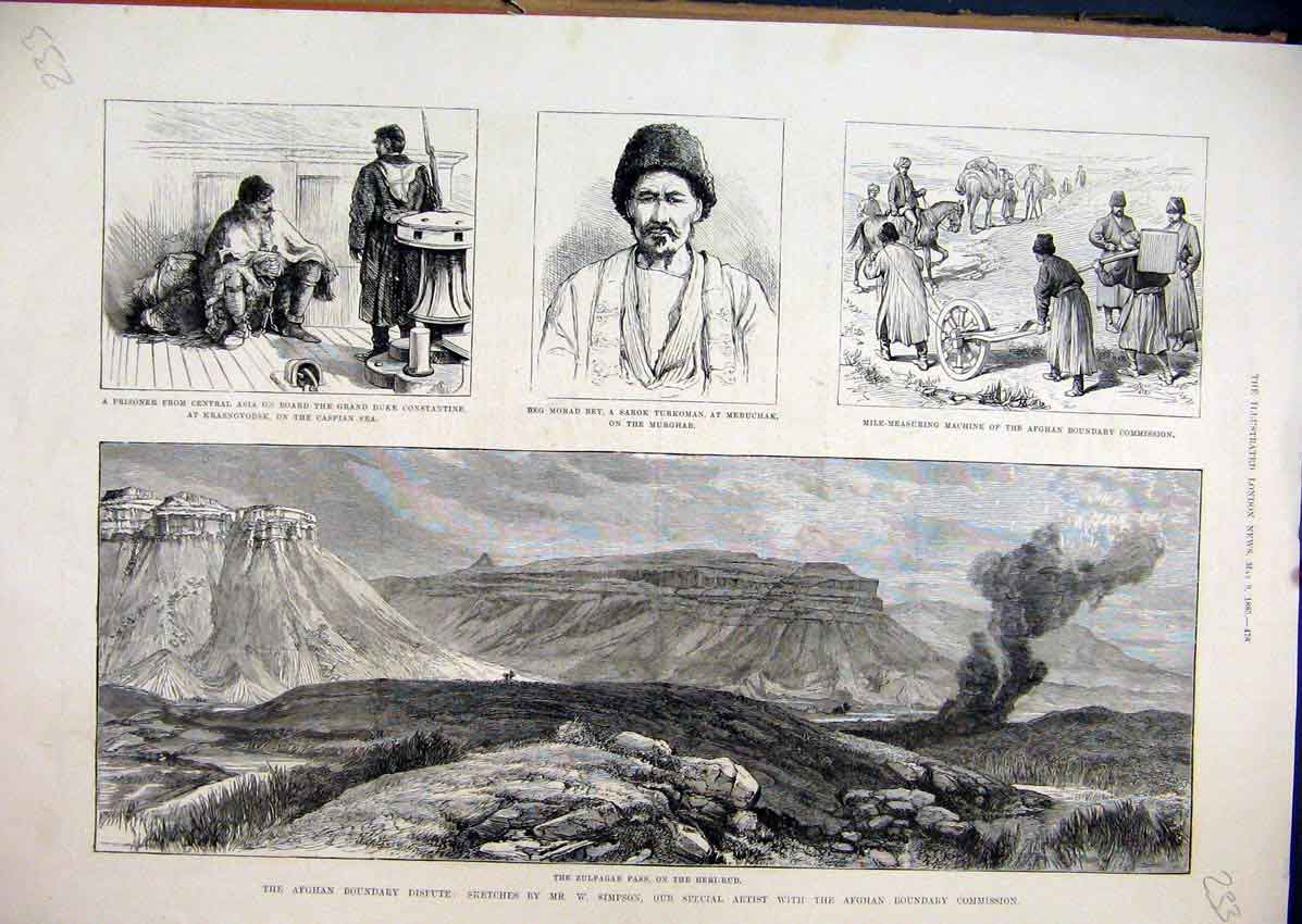 Original Old Antique Print Zulfagar Pass Heri-Rud 1885 Afghan Morad Bey Prisoner