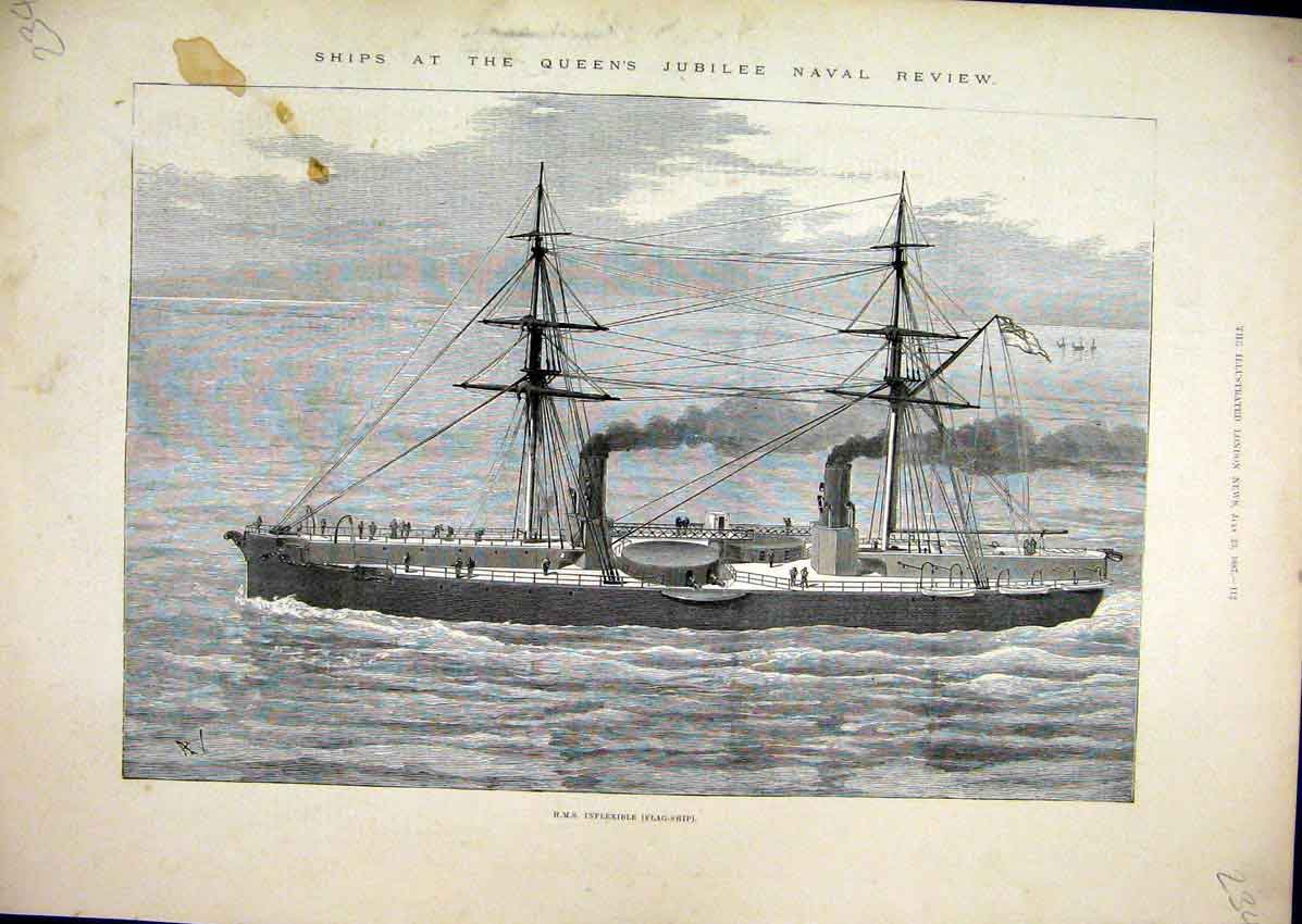 Original Old Antique Print 1877 Ship Queens Jubilee Naval Review Inflexible Flag