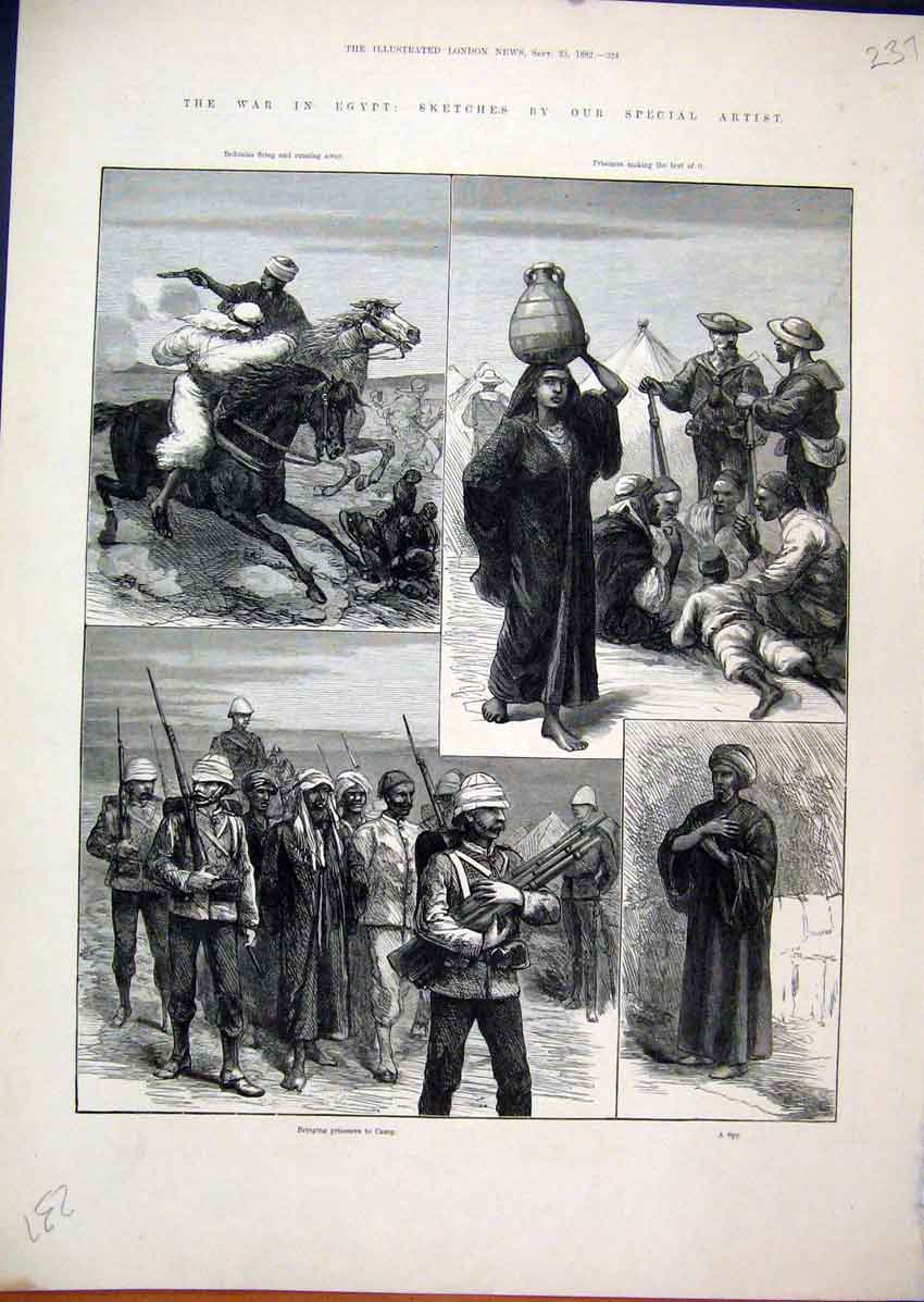 Original Old Antique Print 1882 War Egypt Bedouins Prisoners Camp Spy Horses