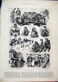 Original Old Antique Print 1884 Crossing Channel Festive Meal Sleeping Drinking