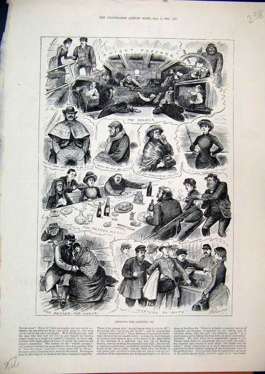Original Old Antique Print 1884 Crossing Channel Festive Meal Sleeping Drinking