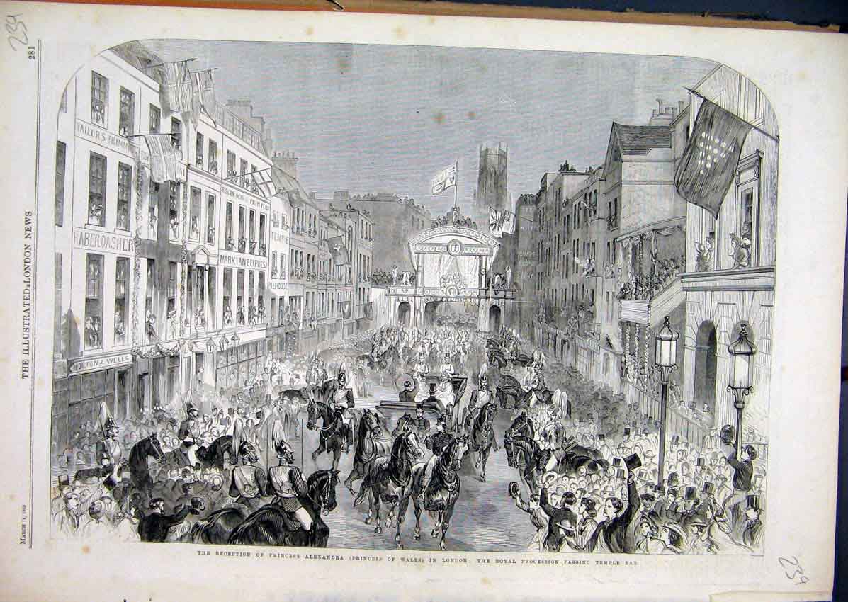 Original Old Antique Print 1863 Reception Princess Alexandra London Procession