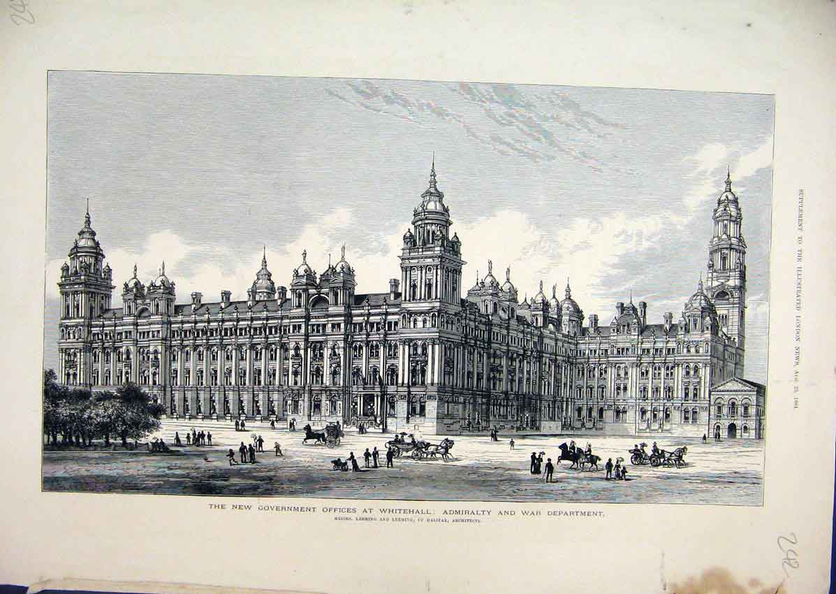 Original Old Antique Print 1884 Government Offices Whitehall War Department 19th