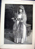 Original Old Antique Print 1889 Daughter House Serving Tea Beautiful Dress Art