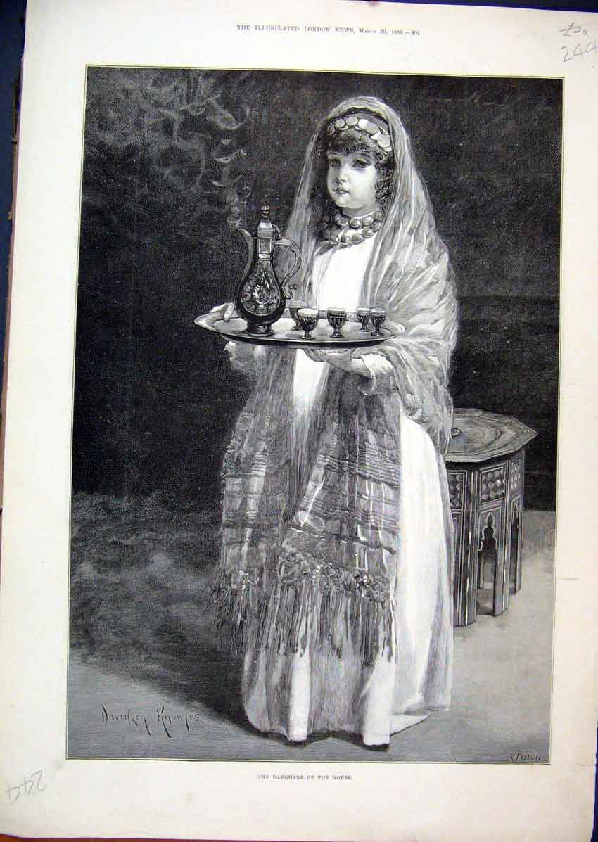 Original Old Antique Print 1889 Daughter House Serving Tea Beautiful Dress Art