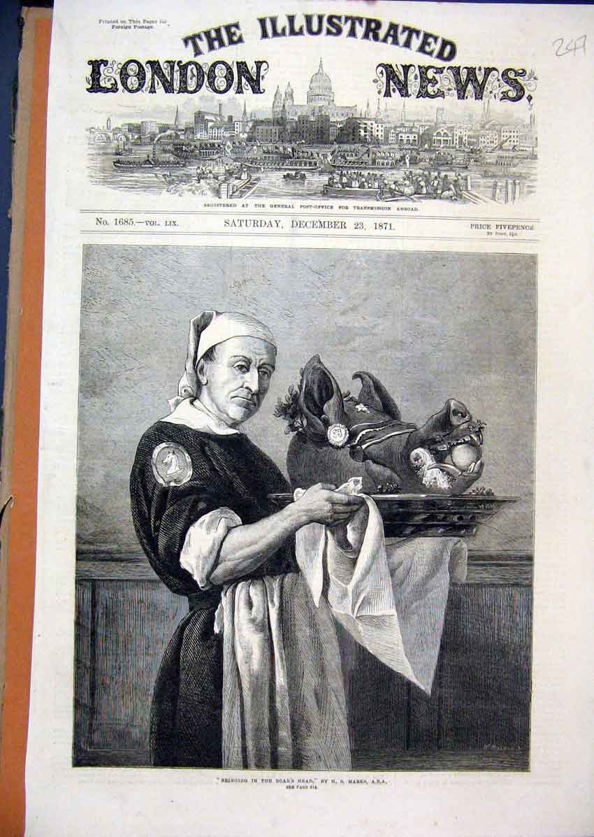 Original Old Antique Print 1871 Waiter Bringing Boars Head Silver Plate 19th