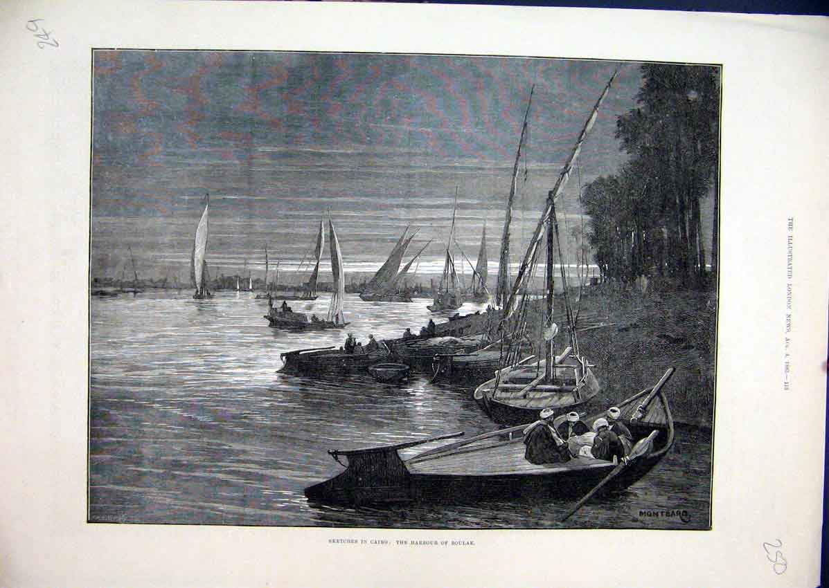 Original Old Antique Print Sketches Cairo Egypt 1883 Harbour Boulak Boats 19th