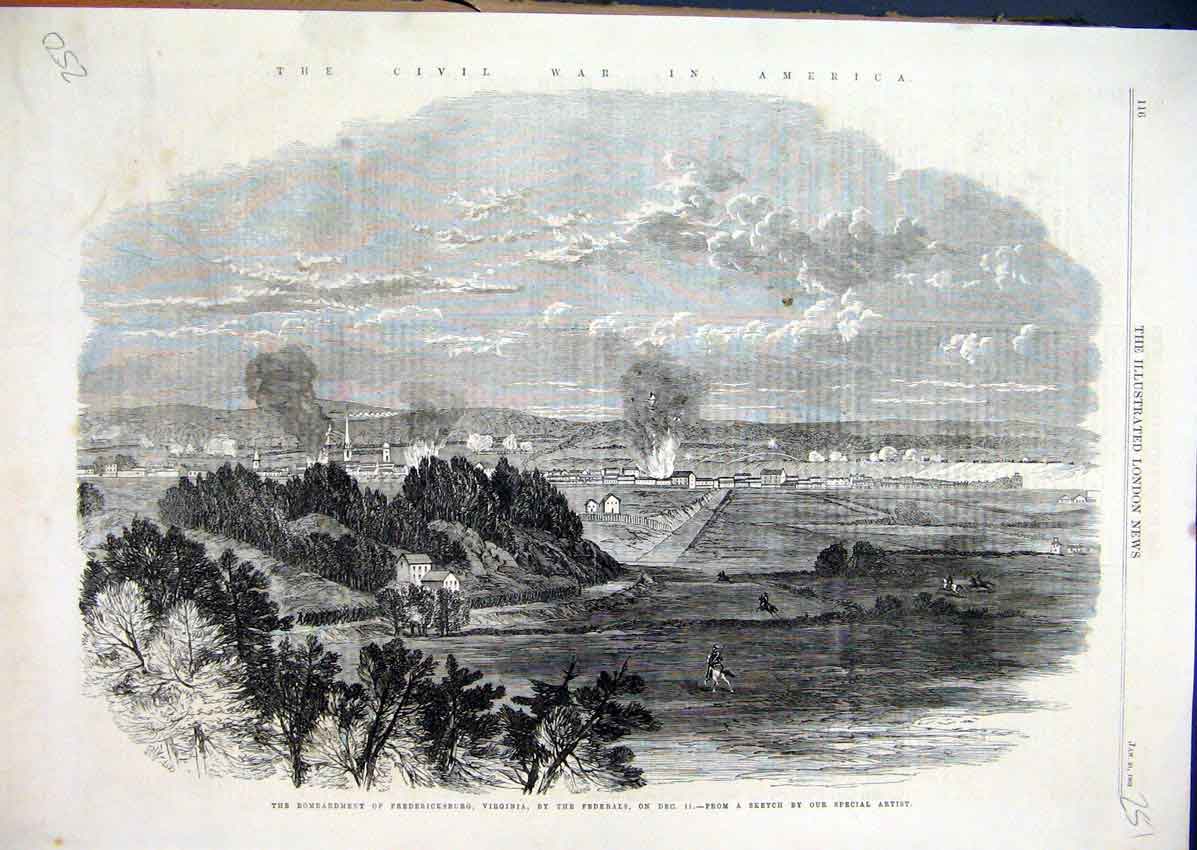 Original Old Antique Print 1863 Civil War America Bombardment Fredericksburg