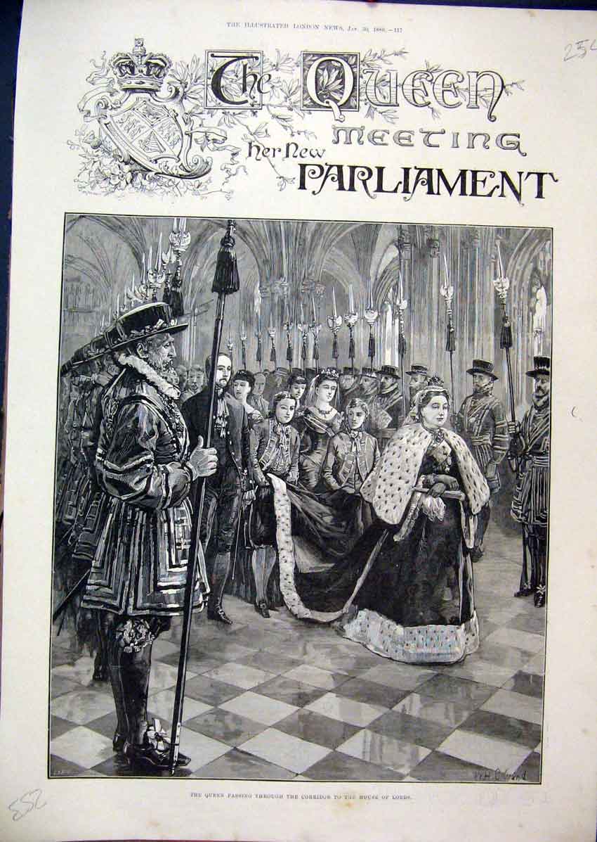 Original Old Antique Print 1886 Queen Parlaiment Corridor House Lords Passing