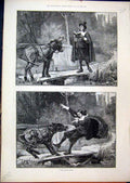 Original Old Antique Print Man Reading Book Riverside Donkey Bridge Comedy 1889
