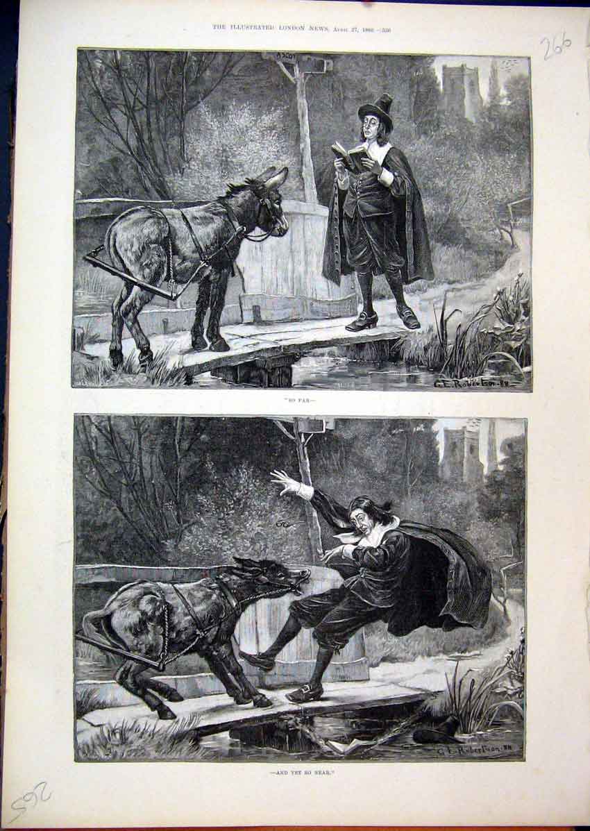 Original Old Antique Print Man Reading Book Riverside Donkey Bridge Comedy 1889