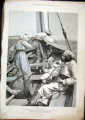 Original Old Antique Print Boat Sea 1888 Barnaby Tarpaulin Barrel Men Women 19th