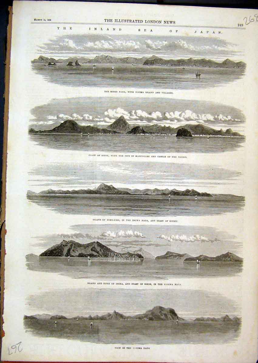 Old Antique Print 1868 Sea Japan Bingo Nada Coast Sikok Osima Harima Nada 19th