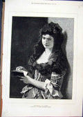 Original Old Antique Print 1877 Portrait Mantilla Reading Book Beautiful Woman