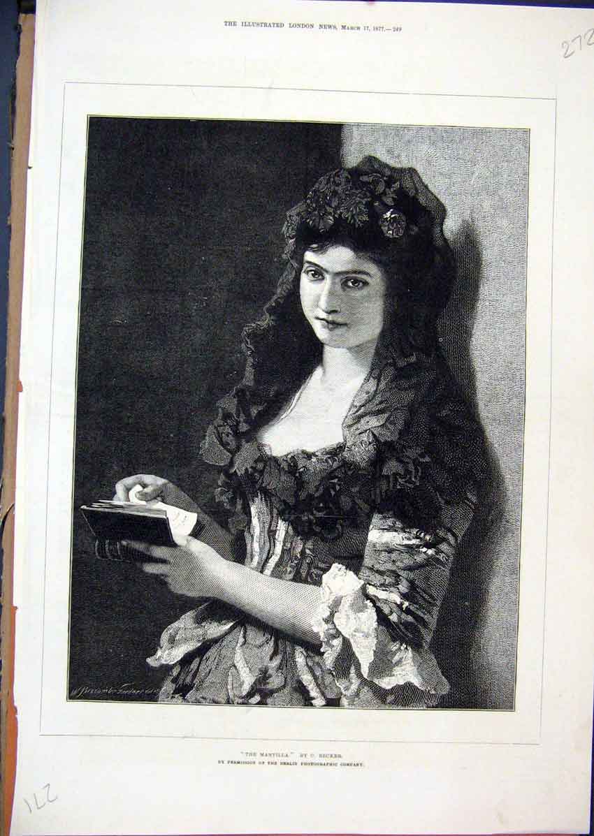 Original Old Antique Print 1877 Portrait Mantilla Reading Book Beautiful Woman
