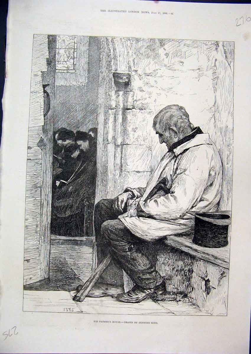 Original Old Antique Print Church Man Stick Worshipers 1886 19th