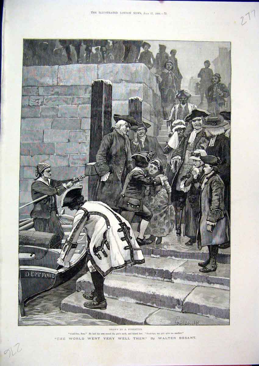 Original Old Antique Print Naval Officer Leaving Boat Goodbye Emotions 1886 19th