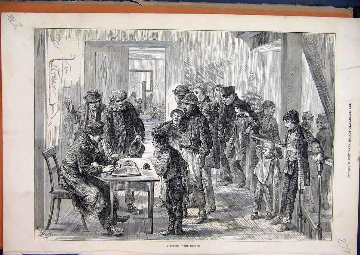 Original Old Antique Print 1873 Berlin Night Refuge Homeless Man Children 19th
