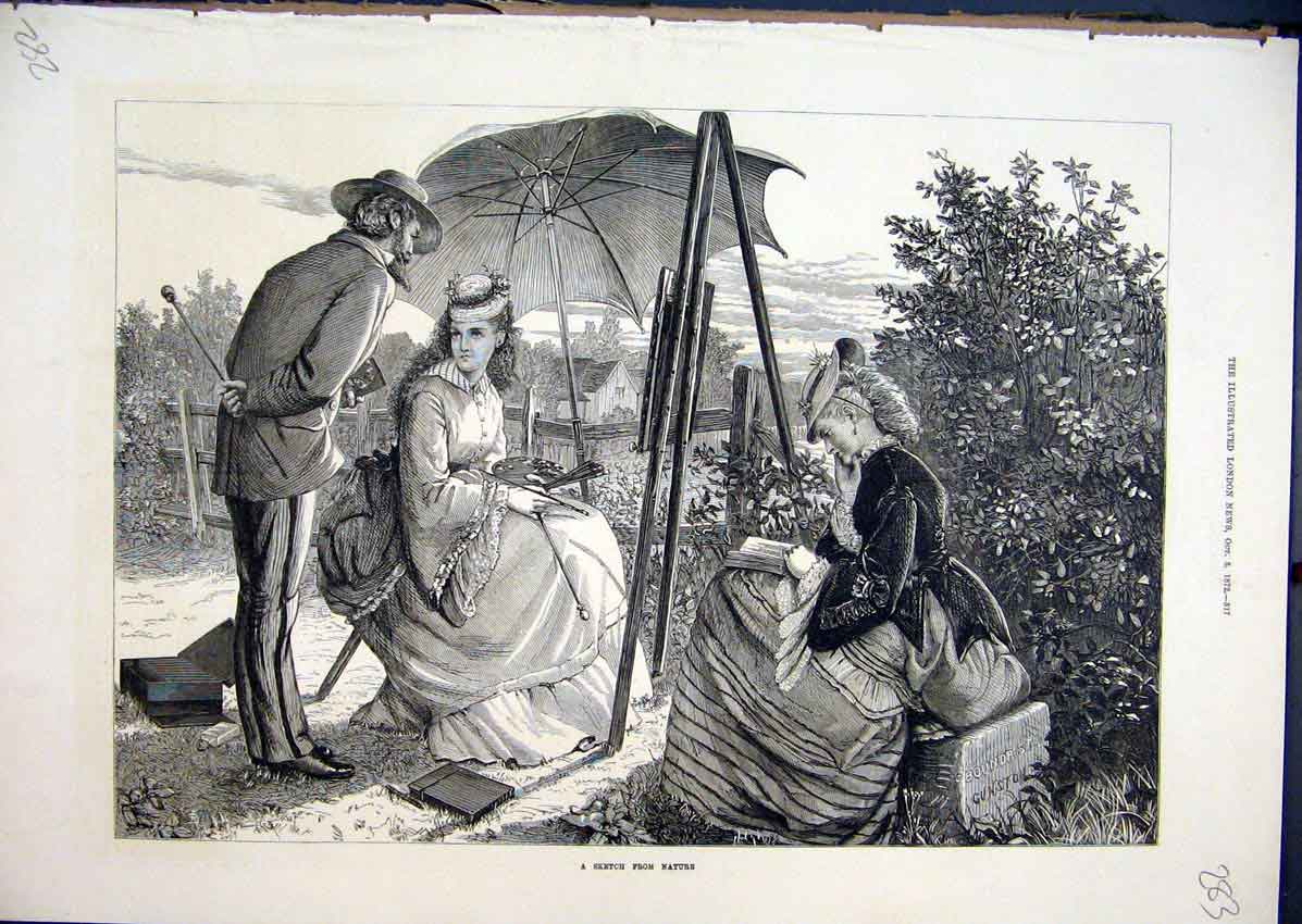 Old Antique Print 1872 Country Scene Woman Painting Artist Parasol Trees 19th