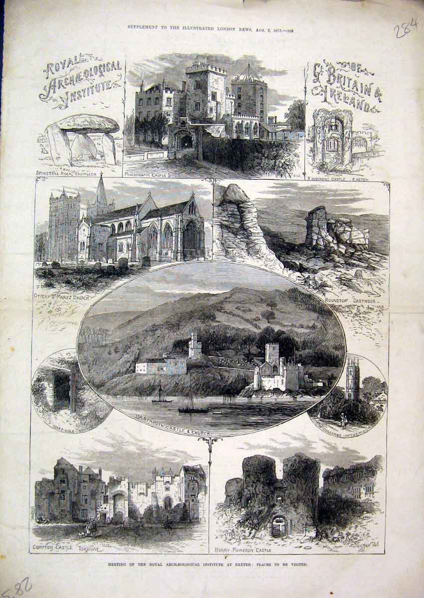 Old Antique Print Royal Archaeological Exeter 1873 Castle Compton Pomeroy 19th