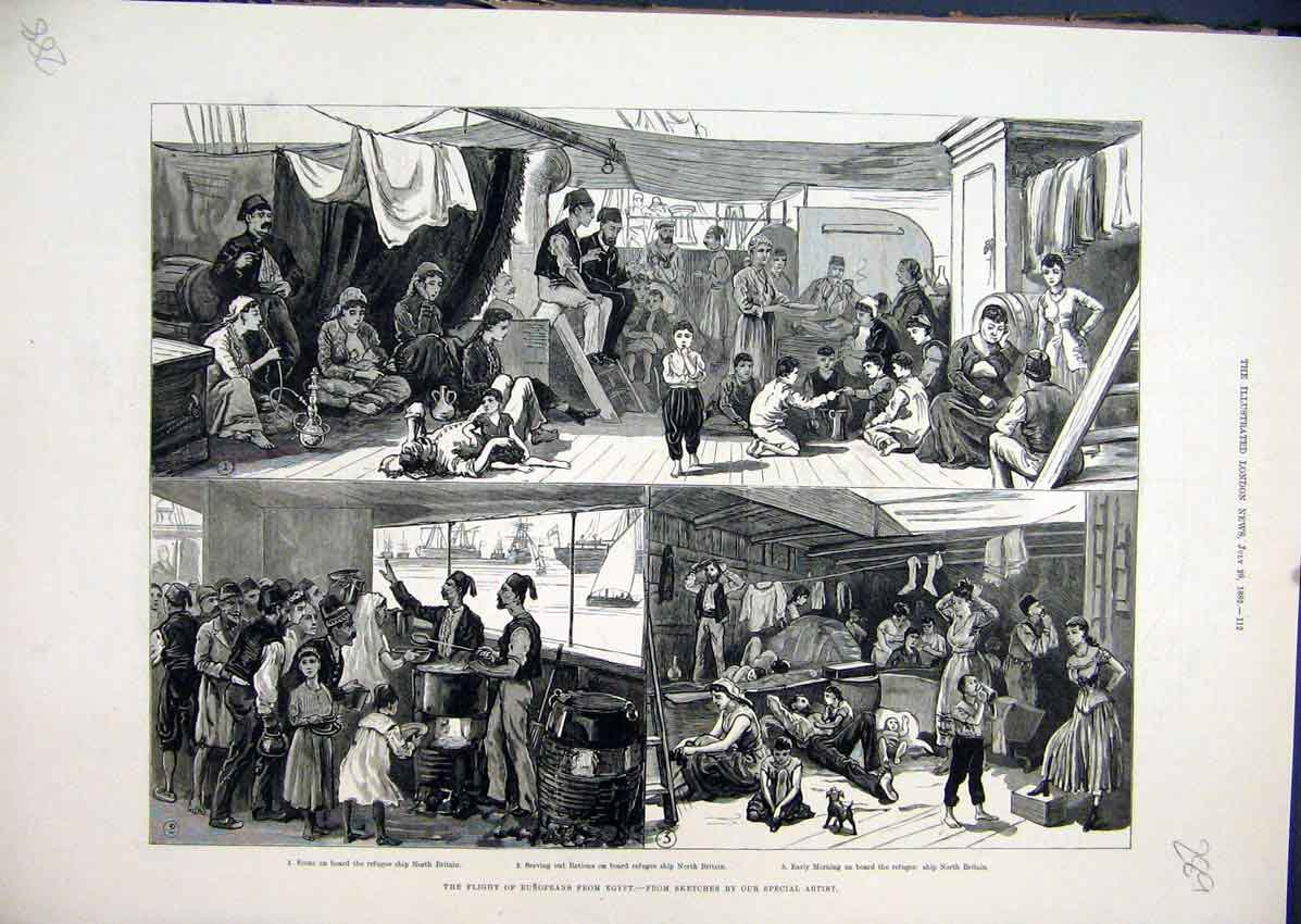 Original Old Antique Print Europeans Egypt Refugee Ship 1882 Dinner Time Britain