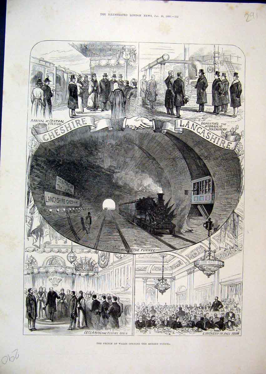 Original Old Antique Print Prince Wales Mersey Tunnel 1886 Central Station Lunch