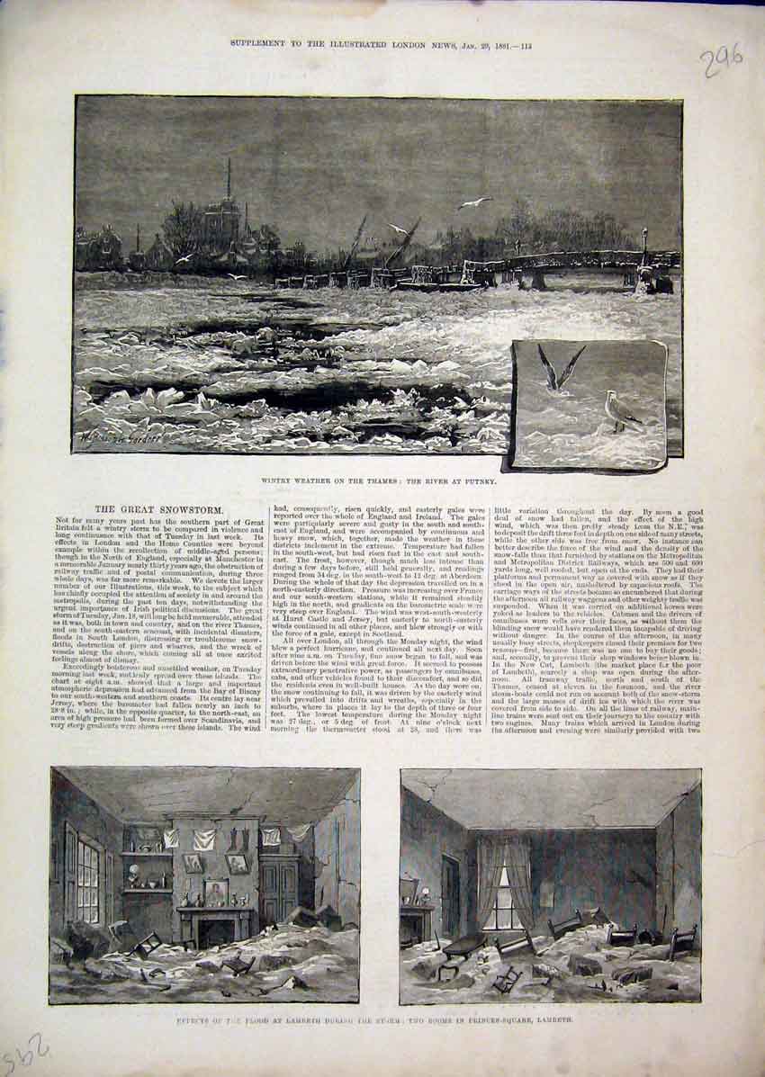 Original Old Antique Print Wintry Weather River Thames 1881 Flood Lambeth Storm