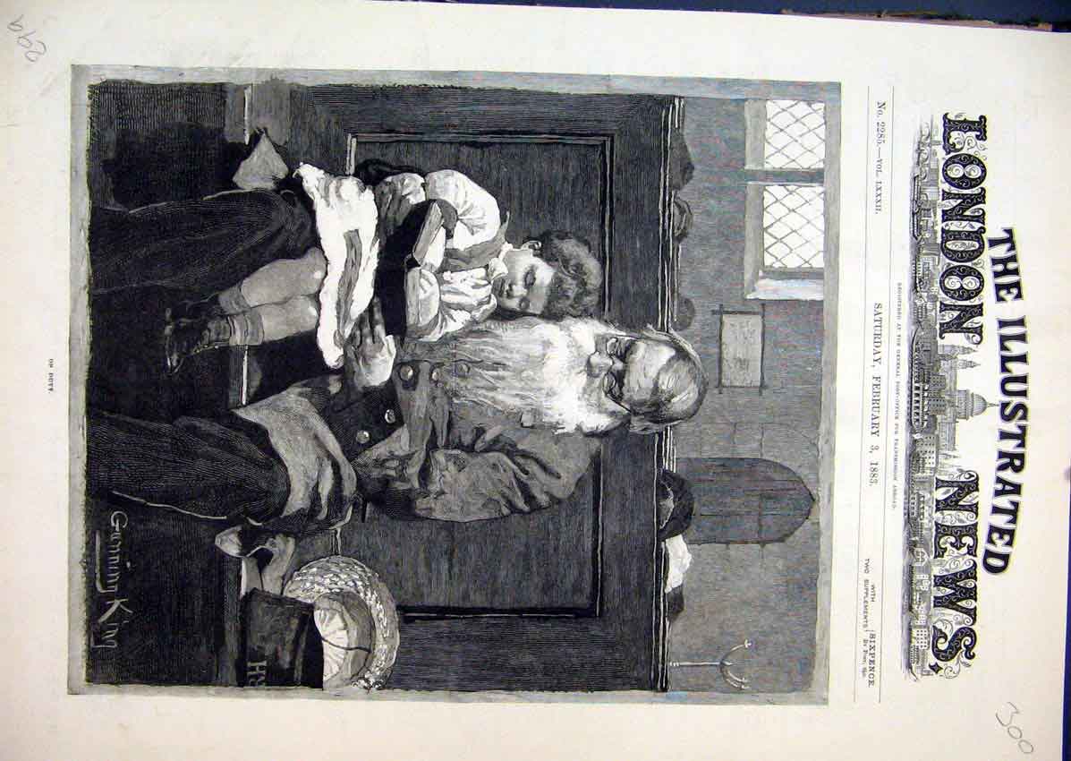 Original Old Antique Print 1883 Beard Man Reading Story Little Boy Sier 19th