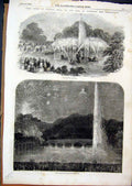 Original Old Antique Print 1856 Neptune Fountain Illuminations Fete Enville Hall