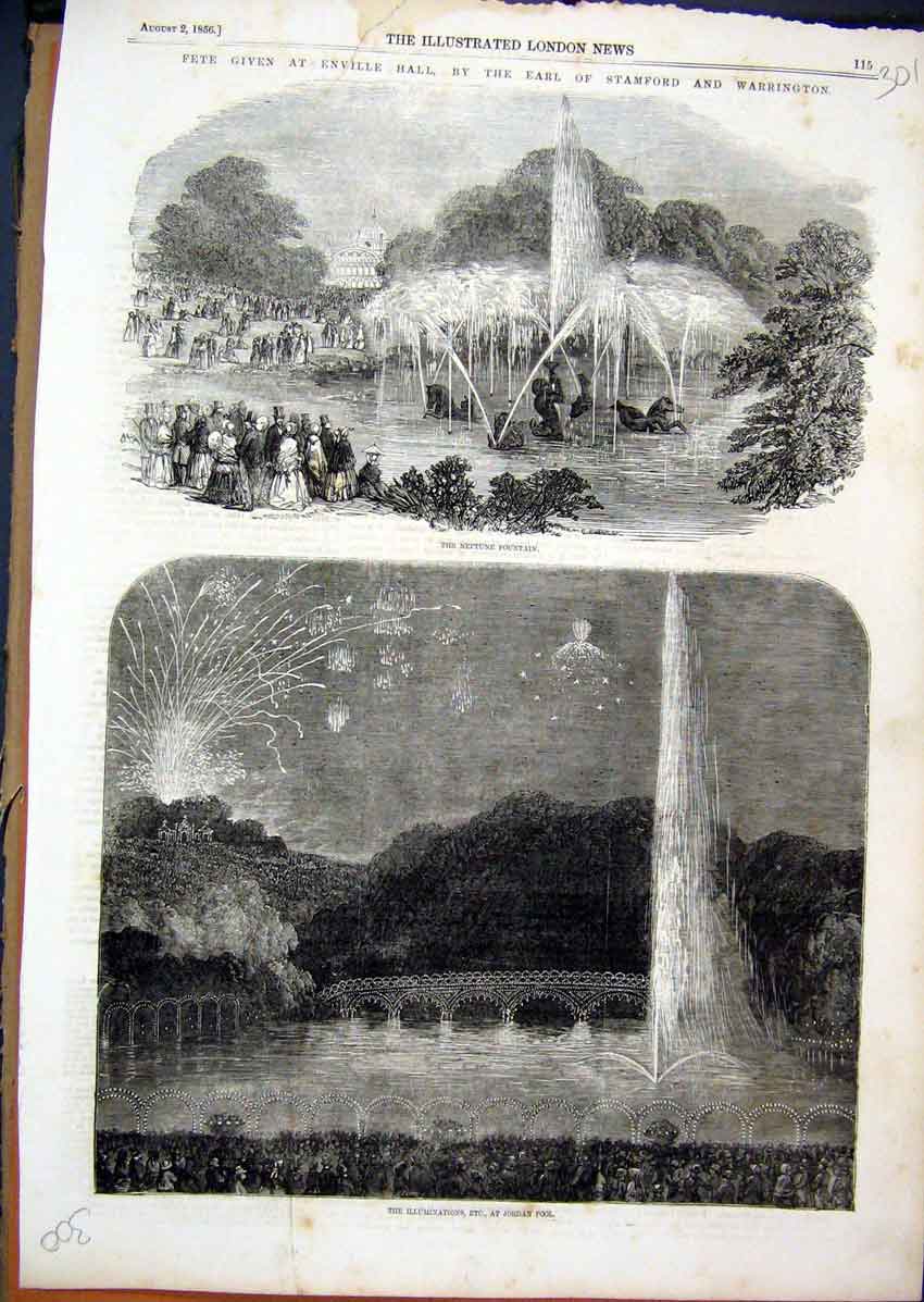 Original Old Antique Print 1856 Neptune Fountain Illuminations Fete Enville Hall